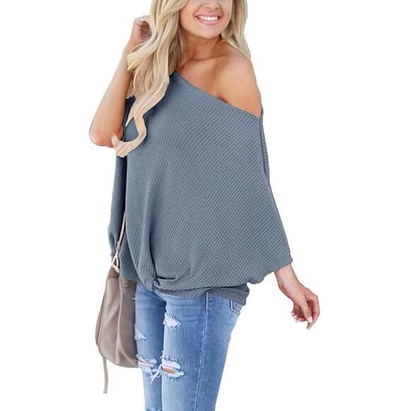 Waffle Knit Off The Shoulder Knot Batwing Shirt Blue XL - Picture 2 of 5